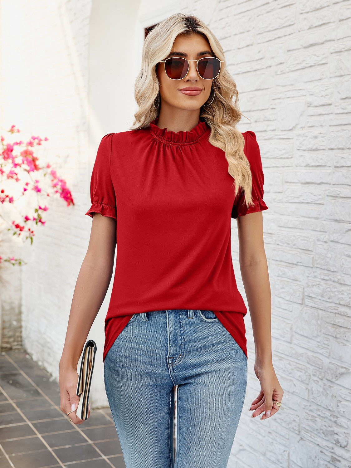 Frill Mock Neck Flounce Sleeve Blouse