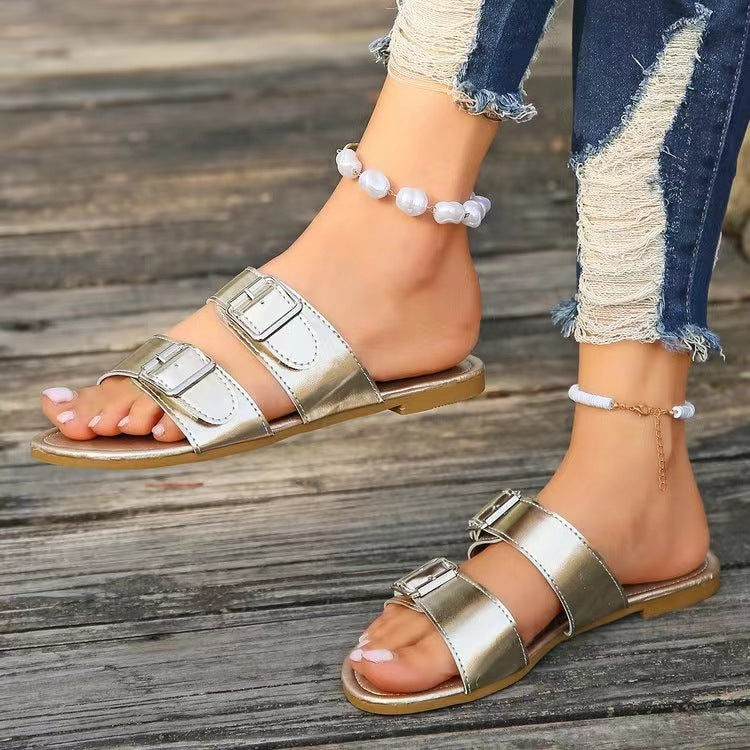 Open Toe Double Buckle Sandals