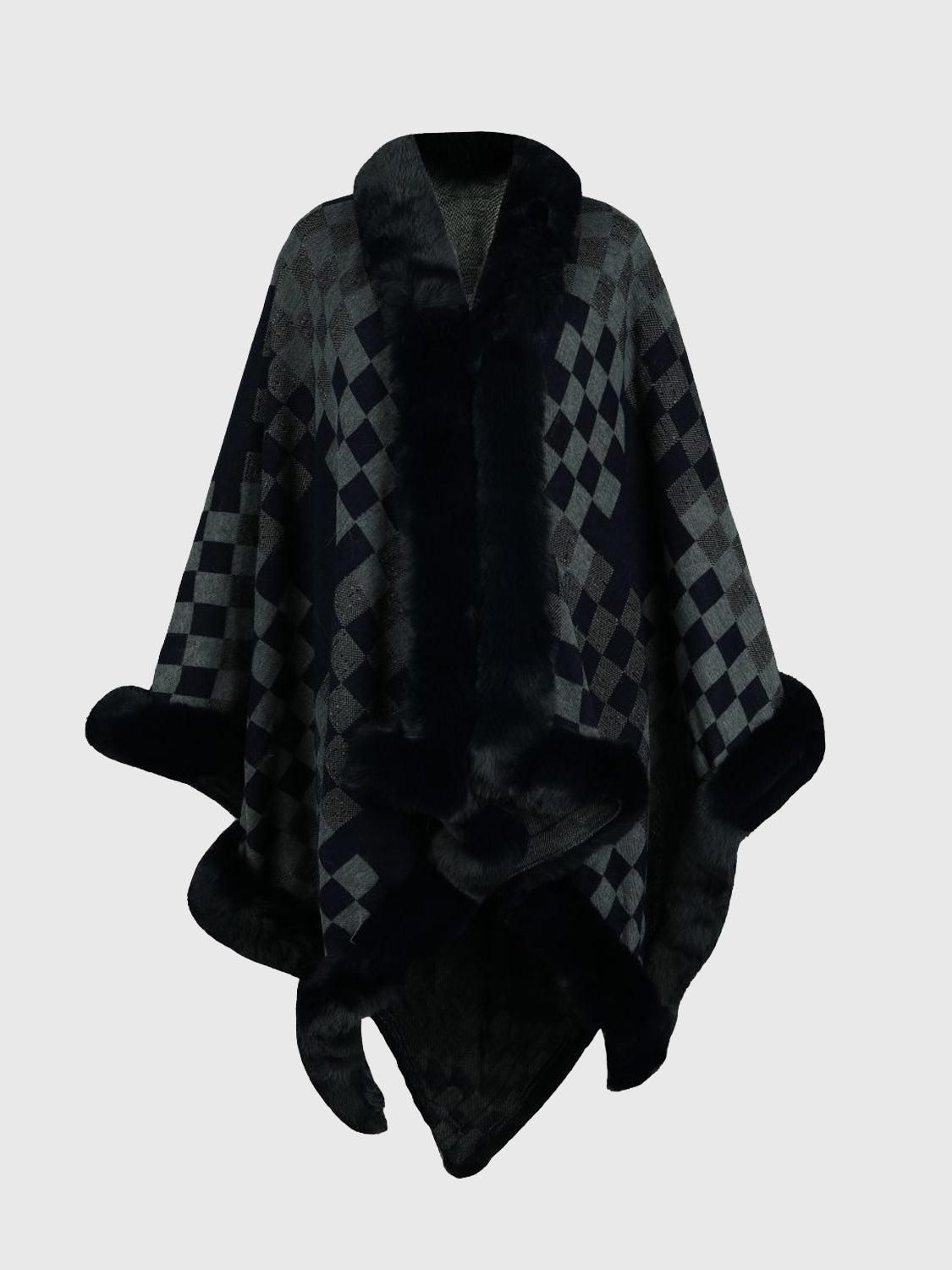 Checkered Faux Fur Trim Poncho