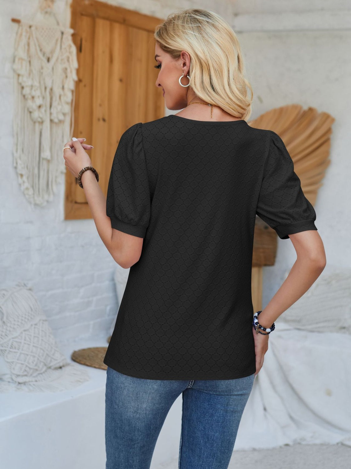 Eyelet Asymmetrical Neck Short Sleeve T-Shirt