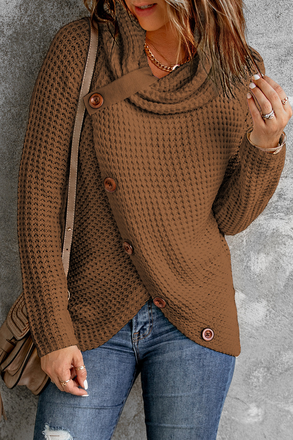 Decorative Button Mock Neck Sweater