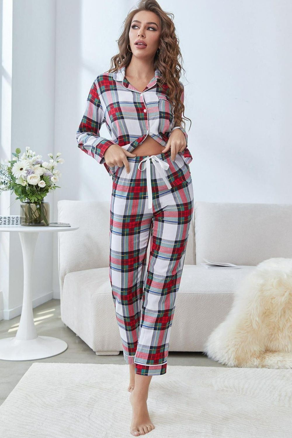 Plaid Button Front Top and Pants Lounge Set