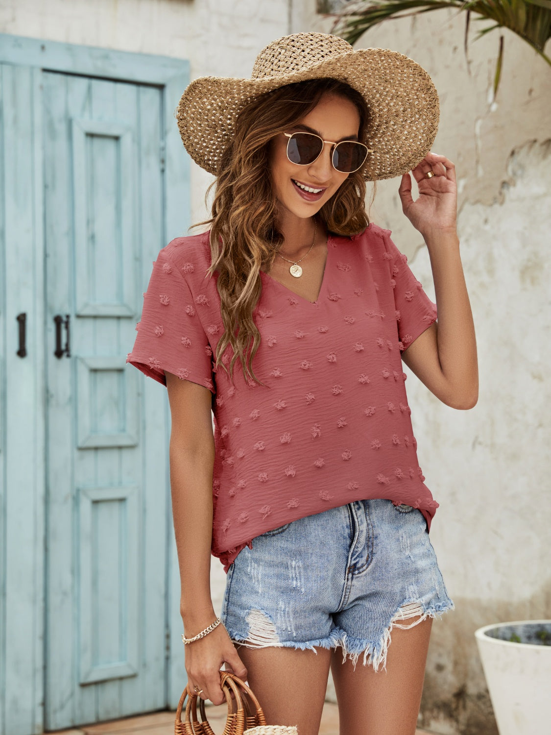 Swiss Dot V-Neck Short Sleeve Blouse