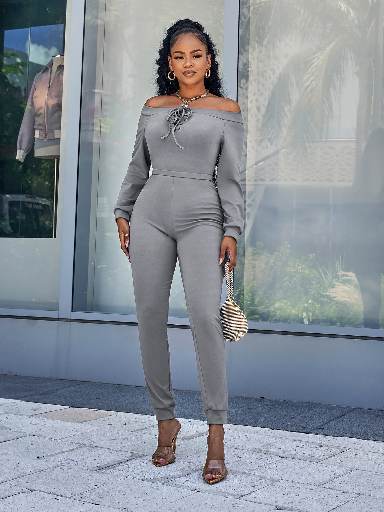 Lace-Up Off-Shoulder Long Sleeve Jumpsuit