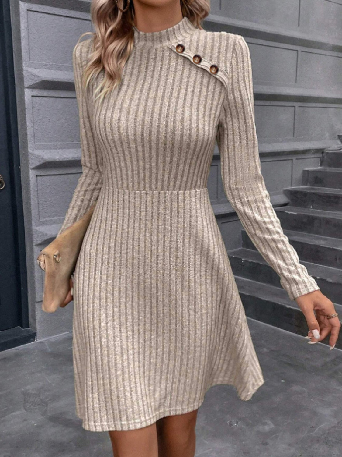 Decorative Button Mock Neck Long Sleeve Sweater Dress