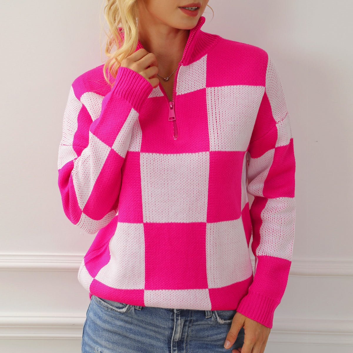 Checkered Half Zip Long Sleeve Sweater