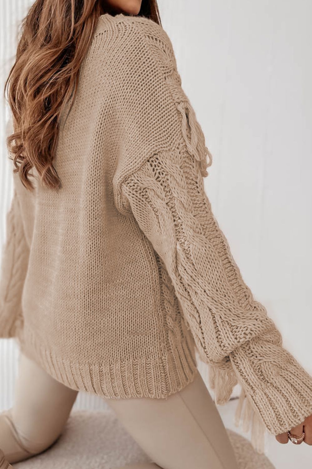 Cable-Knit Fringe Round Neck Sweater