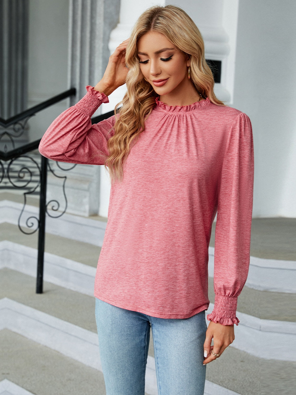 Frill Mock Neck Long Sleeve Blouse