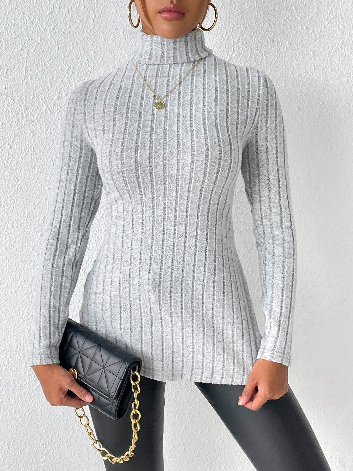 Ribbed Turtleneck Long Sleeve Slit T-Shirt