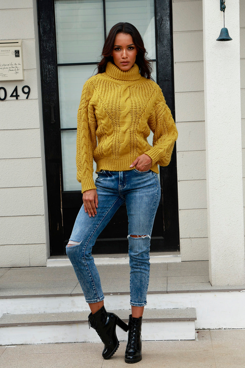 Cable-Knit Turtleneck Long Sleeve Sweater