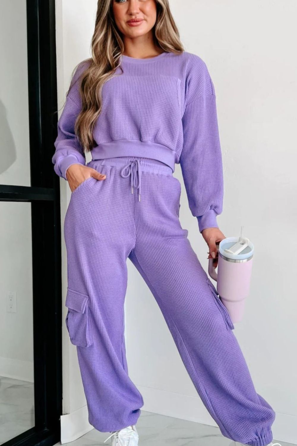 Waffle-knit Top and Drawstring Joggers Set