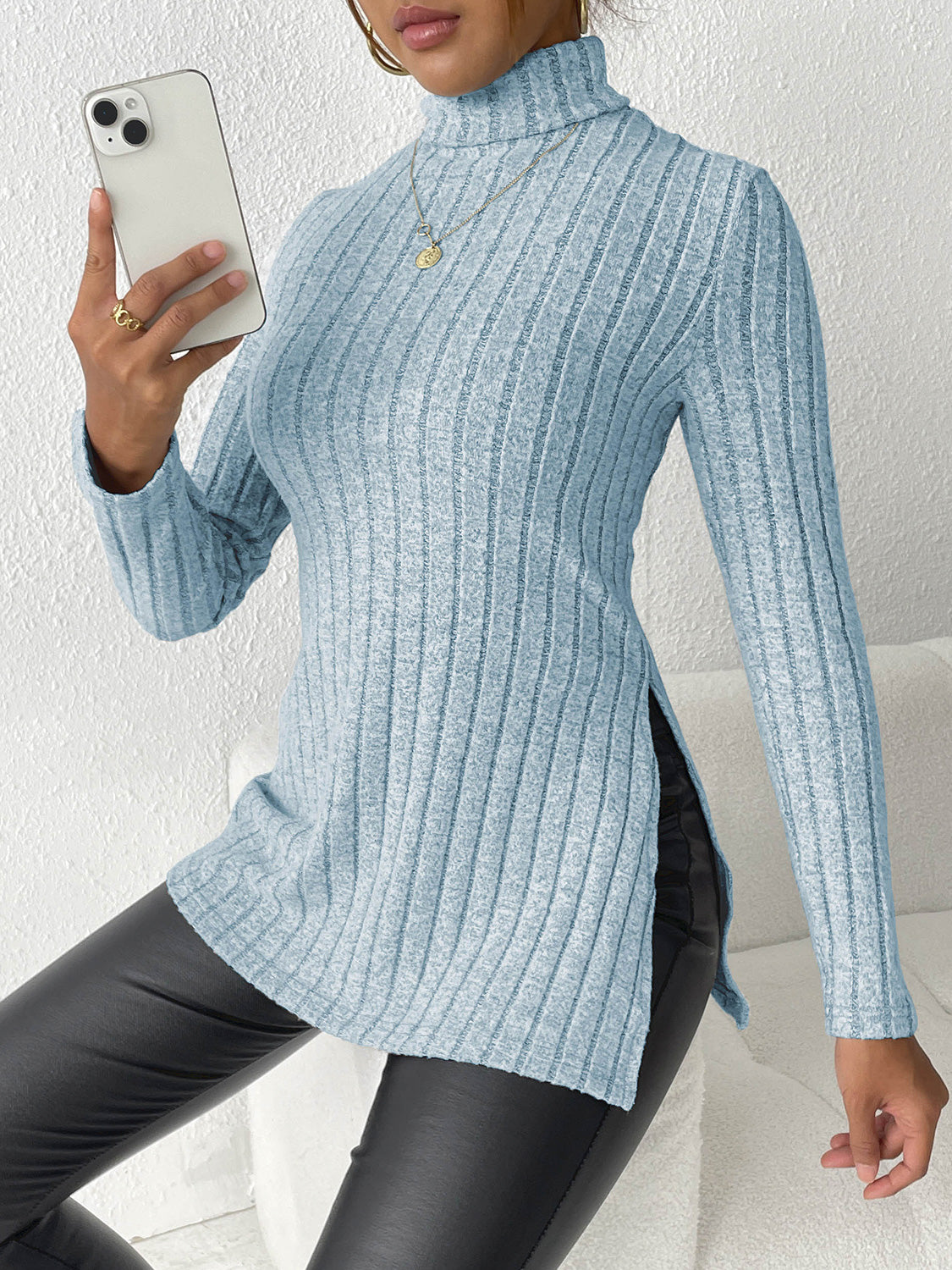 Ribbed Turtleneck Long Sleeve Slit T-Shirt