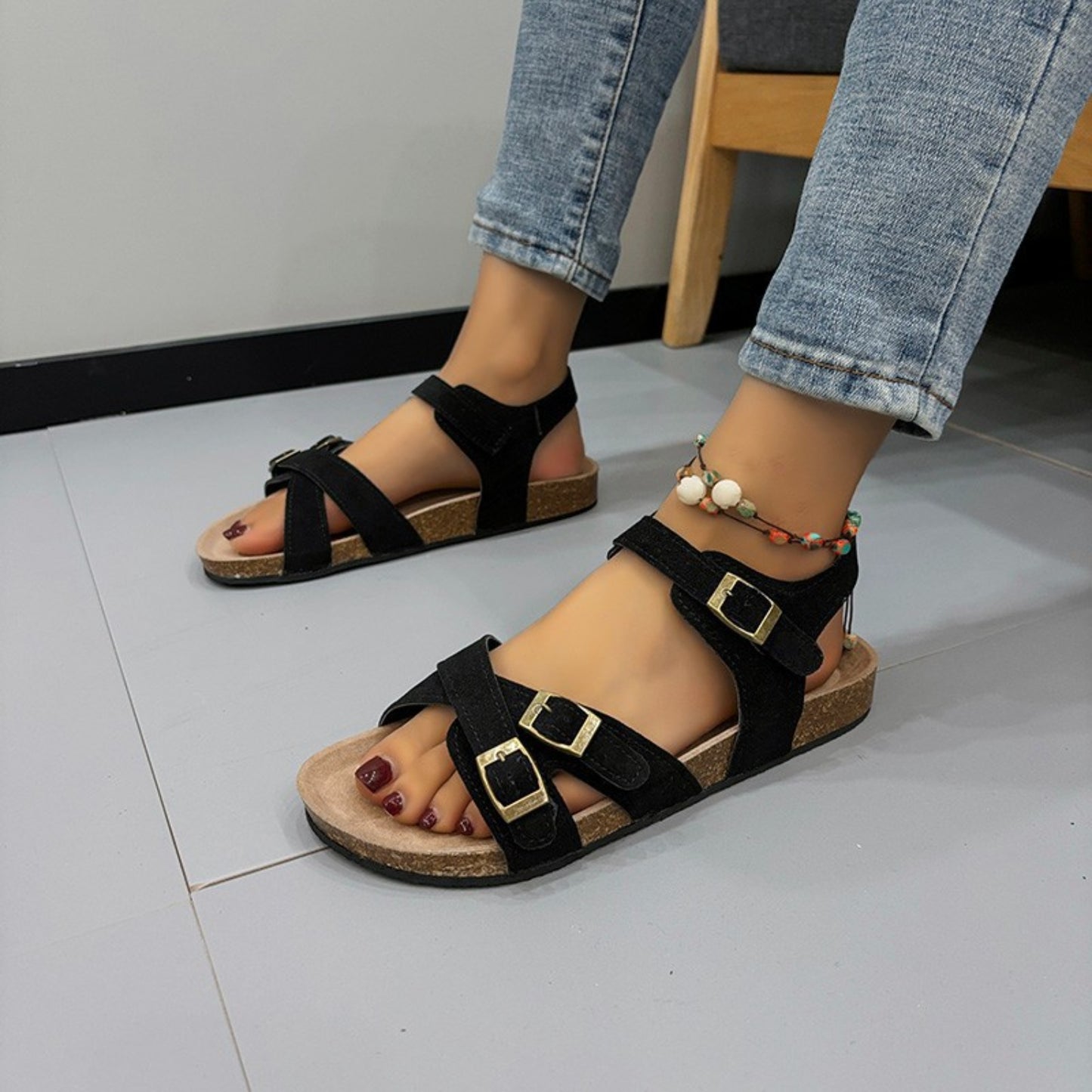 Open Toe Flat Buckle Sandals