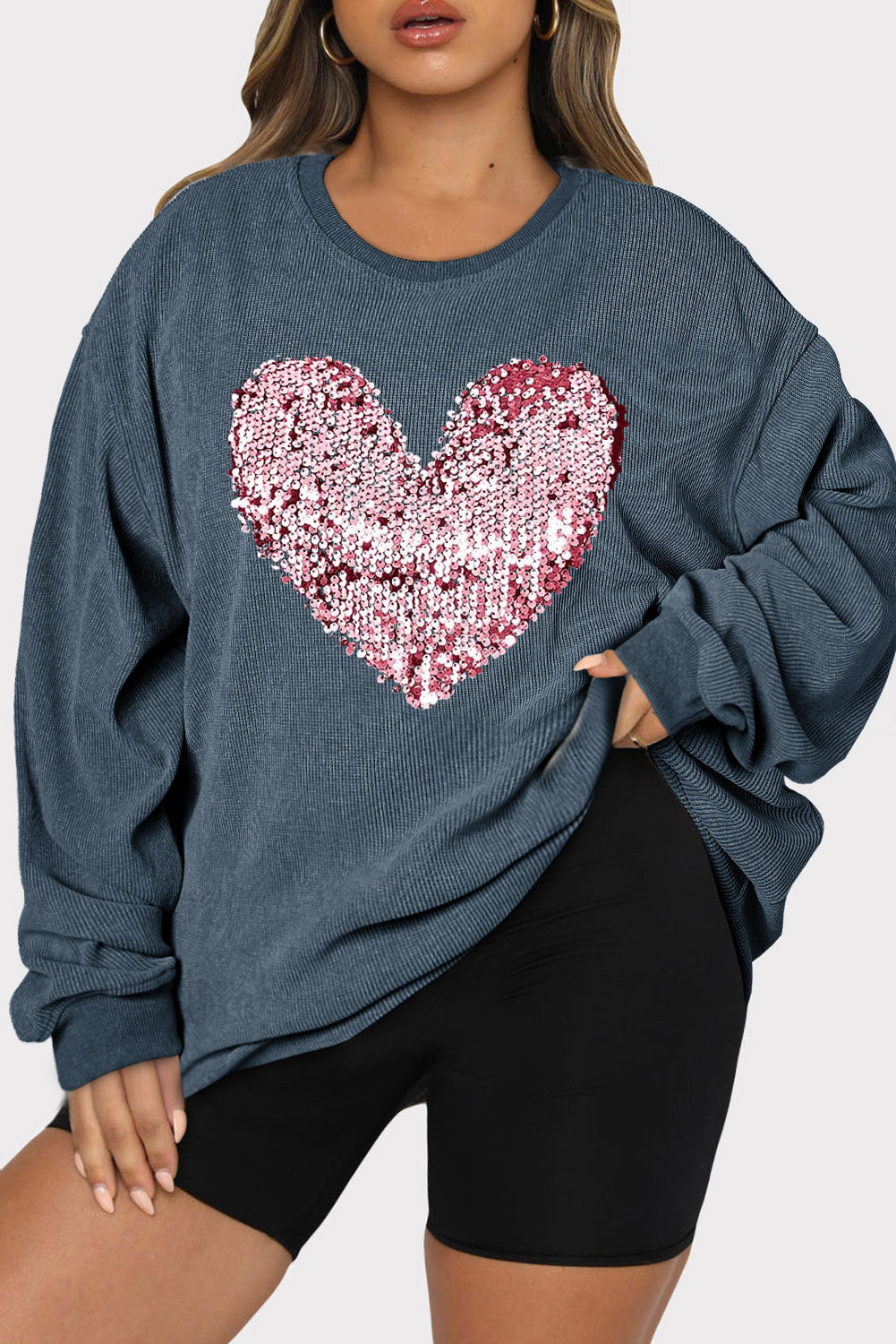 Plus Size Heart Sequin Round Neck Sweatshirt