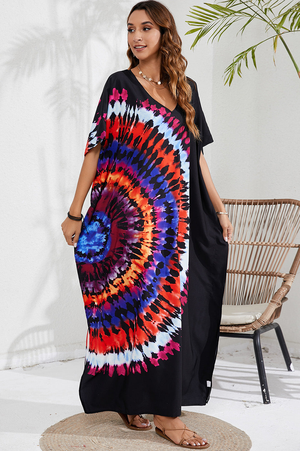 Slit Printed V-Neck Short Sleeve Cover Up