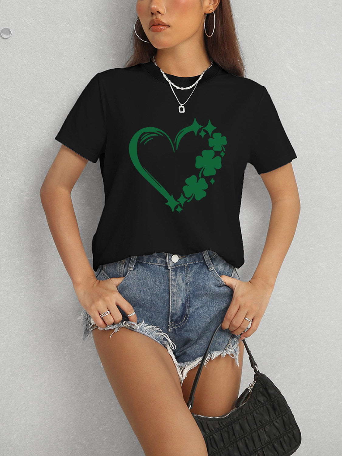 Heart Lucky Clover Round Neck Short Sleeve T-Shirt